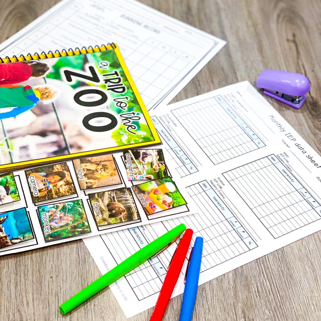 data tracking sheets for IEP goals and adapted books